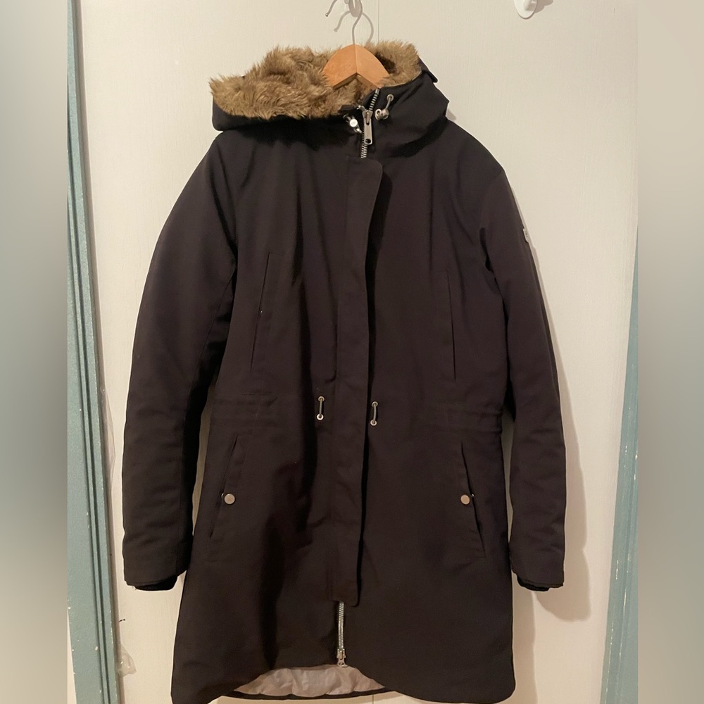 Womens Helly Hansen Park Long Winter Coat with Faux Fur Lined Hood Black Large